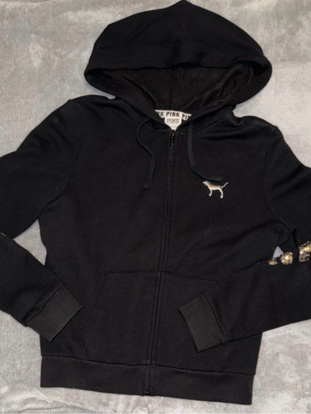 Victoria’s Secret PINK Black Sequin Full Zip Hoodie Gold Silver Bling Size Small - Picture 2 of 4